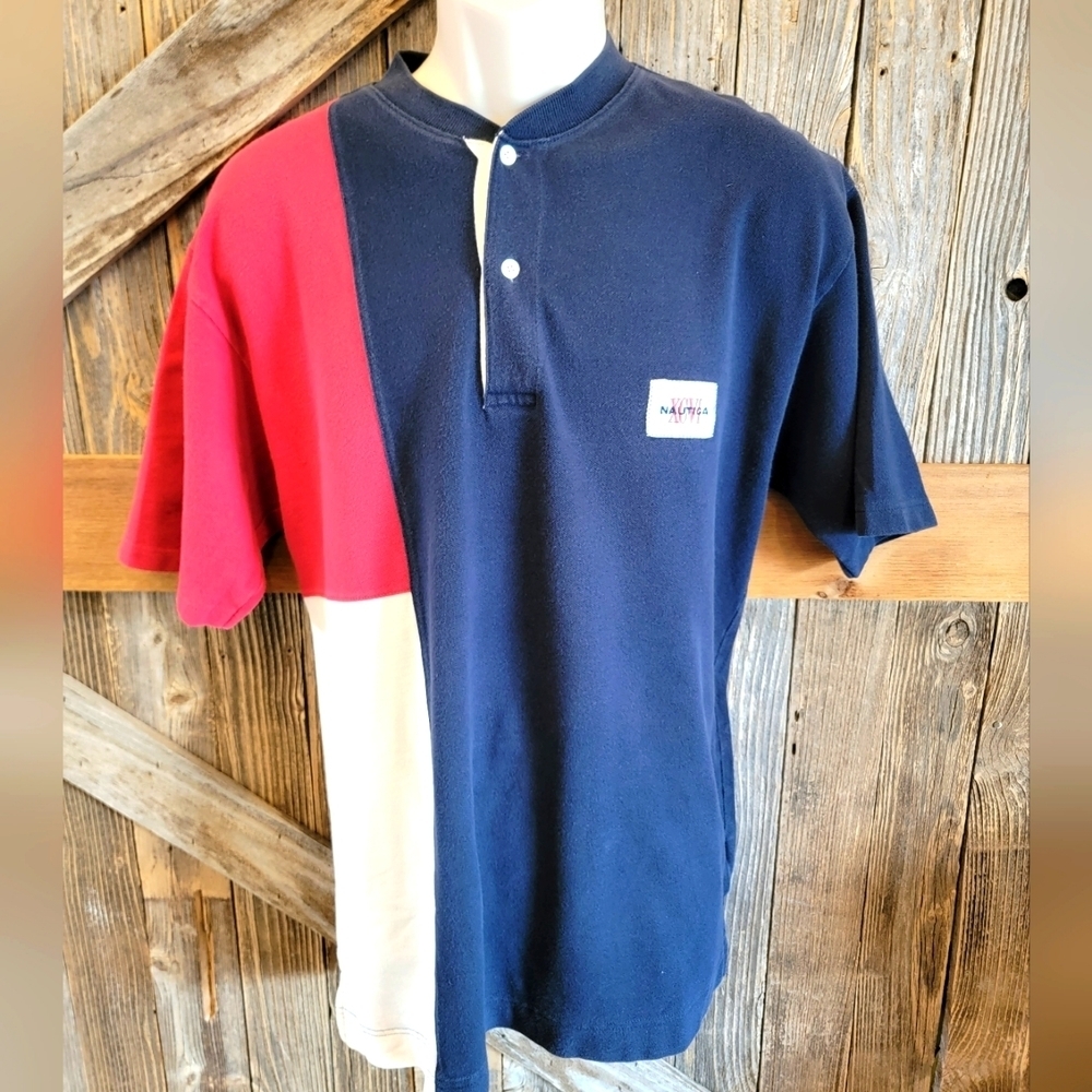 VINTAGE Nautica Polo Shirt Mens M medium Color block Sailing Rugby Cotton
